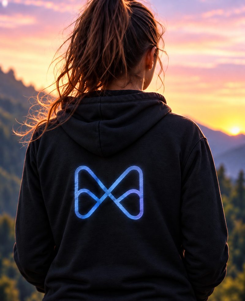 Charlotte de dos, en sweat MILOHY, face à un paysage de montagne au coucher du soleil.